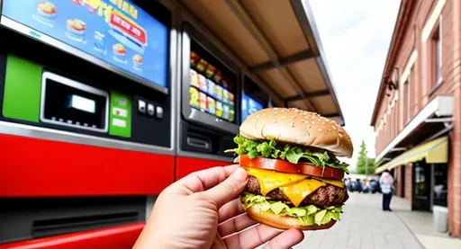 Prompt: Photorealistic perspective of my own 2 hands holding a hot and delicious hamburger just taken out of a vending machine, seen in the background. Keep the background simple. Both hands should be holding the hamburger at the same time.