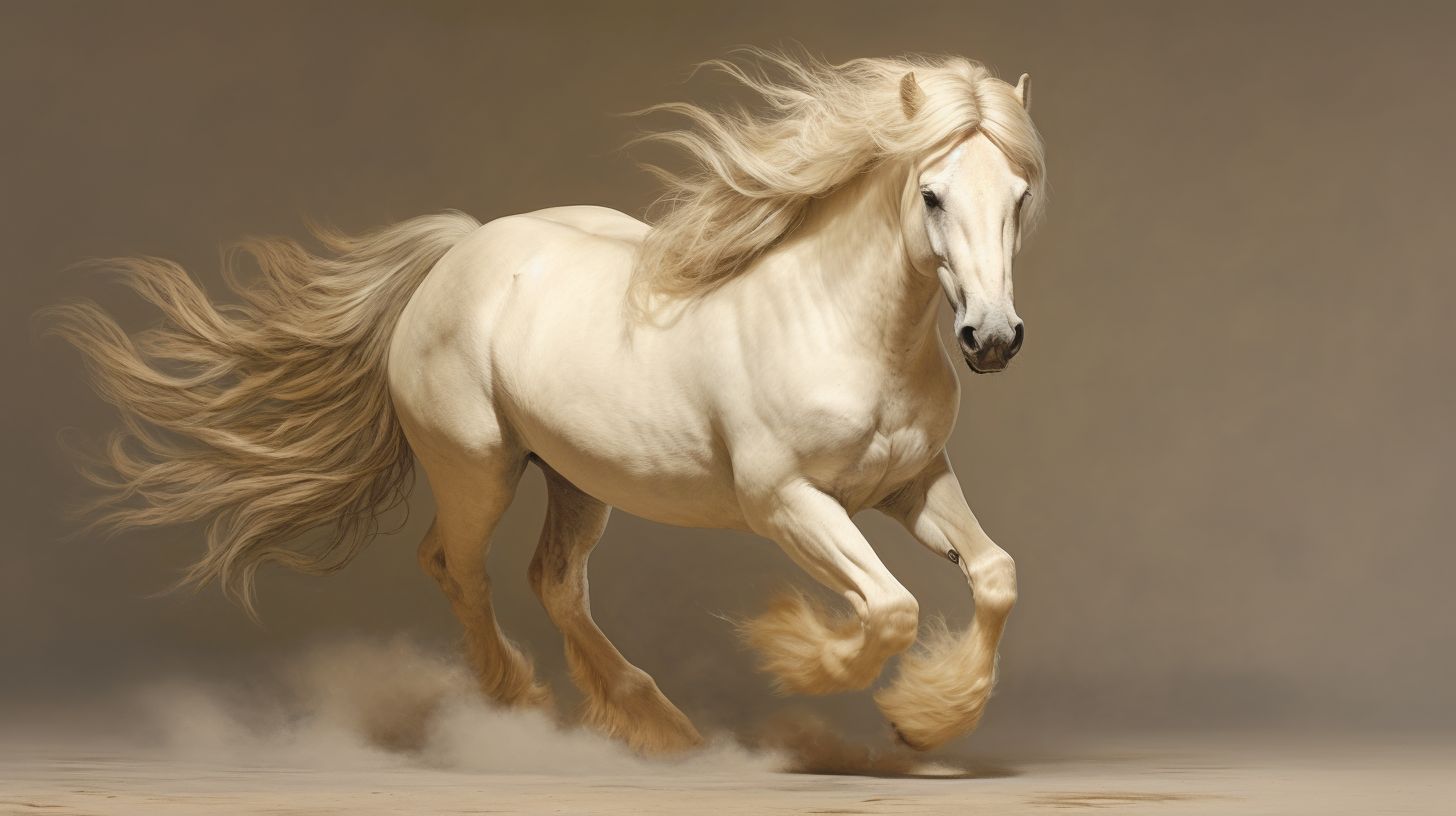 Prompt: cream colored belgin draft horse, heavy feathering on legs, long flowing white mane and tail, realistic, highly detailed fur, close up on horse, running, my little pony hay cutie mark --niji 5 --style cute --ar 9:16