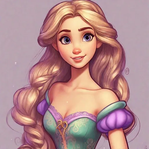 Prompt: Vivid, detailed, Disney art style, full body, Rapunzel Disney Princess, Hair part on left side, full body, cute