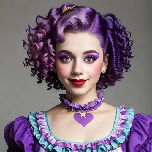 Prompt: A pretty female clown wearing purple, short , curly purple hair