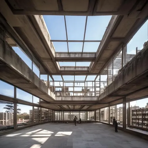 Prompt: a large multi story library with brutalist architecture and lots of skylights