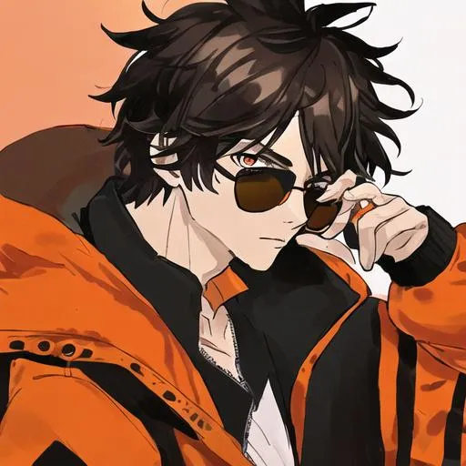 Prompt: a black and brown haired man, wearing a  black, orange flight jacket and coat, red sunglasses, around 30