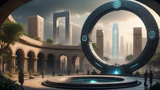 Prompt: magical portal between cities realms worlds kingdoms, circular portal, ring standing on edge, upright ring, freestanding ring, hieroglyphs on ring, complete ring, ancient babylonian architecture, gardens, large wide-open city plaza, turned sideways view, futuristic cyberpunk tech-noir setting