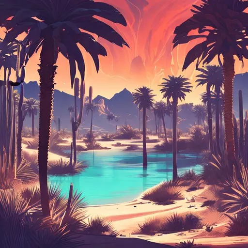 Prompt: Vast desert, beautiful water oasis, palm trees, dramatic lighting, explorer, fan art style