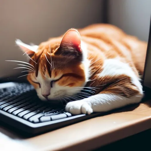 Prompt: a red and white cat sleeping on a computer keyboard