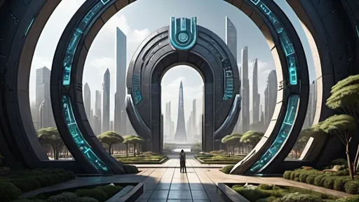 Prompt: human-scale circular portal, portal between different cities realms worlds kingdoms, ring standing on edge, upright ring, freestanding ring, hieroglyphs on ring, complete ring, obelisks, futuristic towers, garden plaza, hotels, office buildings, shopping malls, large wide-open city plaza, futuristic cyberpunk dystopian setting