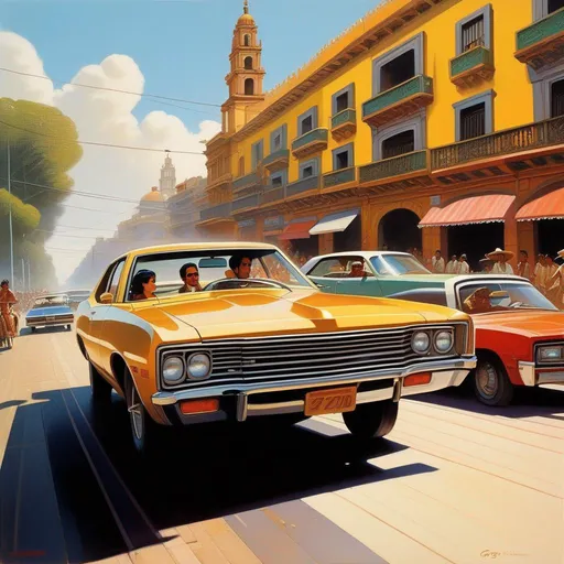 Prompt: 1970s, Mexico City, car chase, sunny weather, warm atmosphere, cartoony style, extremely detailed painting by Greg Rutkowski and by Henry Justice Ford and by Steve Henderson
