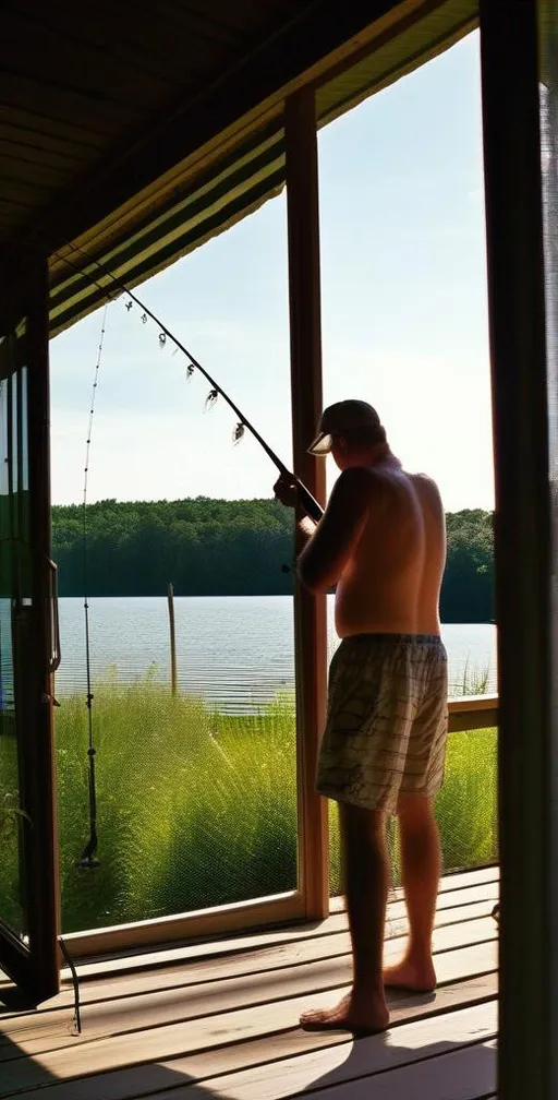 Prompt: Long shot, wide angle, 24mm lens, country guy fishing in his boxer briefs. It's a beautiful summer day at his lake house in the  northeastern United States. 
