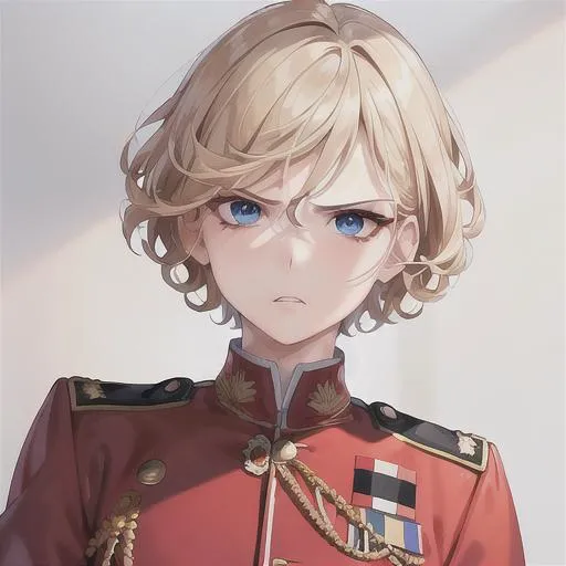 Prompt: (masterpiece, illustration, best quality:1.2), portrait, angry expression, mature look, eye bags under eyes, black eyelashes, short curly pixie style hair, blonde hair, blue eyes, all red German soldier uniform, best quality face, best quality, best quality skin, best quality eyes, best quality lips, ultra-detailed eyes, ultra-detailed hair, ultra-detailed, illustration, colorful, soft glow, 1 girl