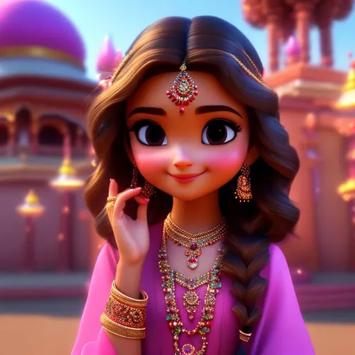Prompt: A still from a 3d movie of Disney Indian little girl with dark brown long wavy hair, mesmerizing eyes, winged eyeliner, eye lashes, pink nail polish, Wearing salwar, earrings, temple in the background, 3d blender render, Pixar inspired, Disney, clear detailed beautiful face, brown eyes, adorable. Spring vibes. 8k octane render unreal engine, surrealism

