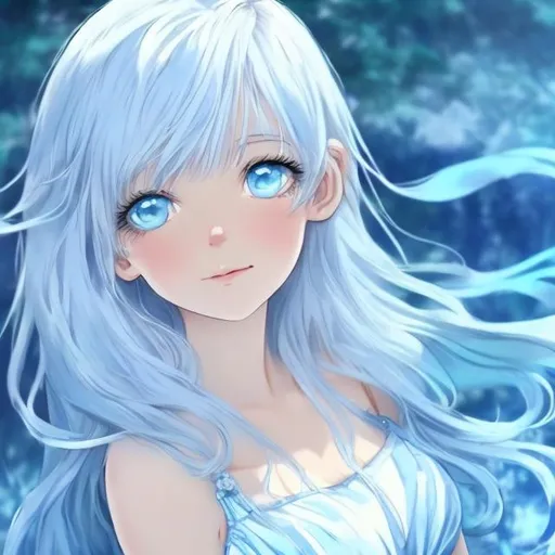Prompt: white hair. ocean blue eyes. and a blue dress. realistic anime