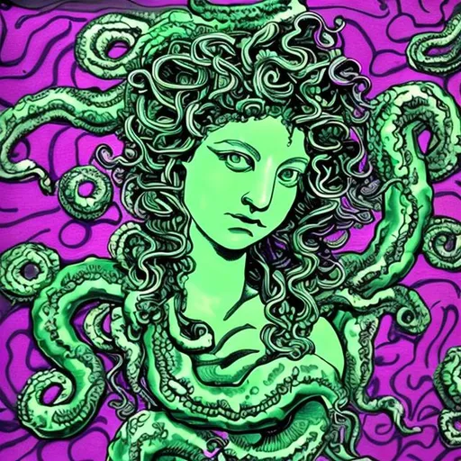 Prompt: Medusa flowers serpent and green pink purple