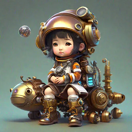 Prompt: Toy with a little asian doll with a helmet, cute 3d render, cute detailed digital art, female steampunk explorer mini cute girl, cute digital painting, stylized 3d render, cute digital art, cute render 3d anime girl , the little astronaut looks up, cute! c4d, portrait anime space cadet girl, sitting on a brass gear 