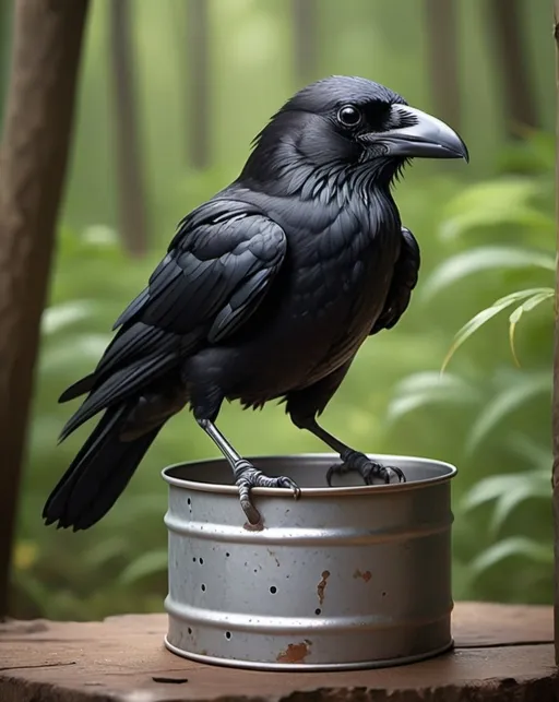 Prompt: 2d j anime style, baby crow on a tin cup