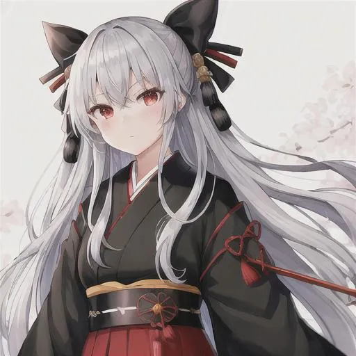 Prompt: Black bow, arrows, human, Taishō era, beautiful haori, Japanese styled outfit, silver hair, red eyes