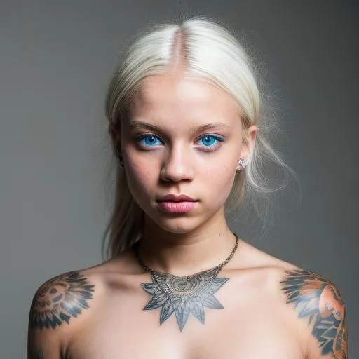 Prompt: albino black girl 20yo, blue eyes, tattoo