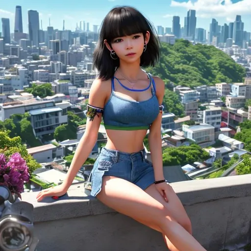 Prompt: cgi realistic high resolution, petite strong asian brunette, short hair, age 25, tiny jean shorts, blue string bikini top, tattoos, sitting on top of a hill overlooking the city"