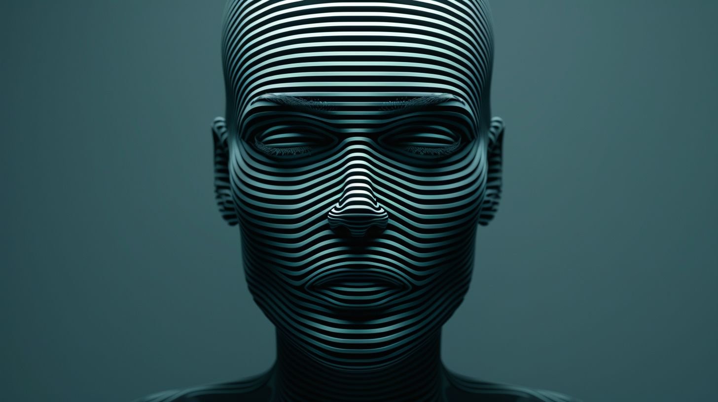 Prompt: person, face with lines, hologram, unsplash, abstract, light through blinds, profile image, the ghosts in the machine, three-dimensional, op, brain, high resolution, shadowed, light silver and dark navy, mind-bending patterns, futuristic robots