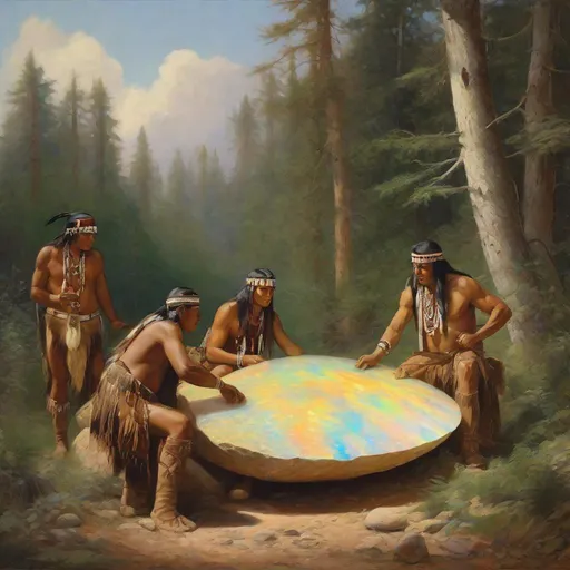 Prompt: feathered native Americans trading giant opal stones in the forest