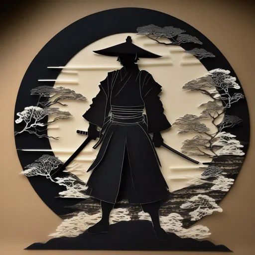 Prompt:  ultra fine fine shredded washi tape paper silhouette samurai on black background, perfect composition, masterpiece, meticulously detailed, elaborate artwork