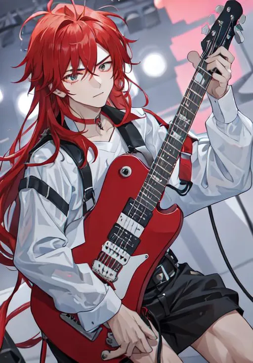 Prompt: Zerif 1male (Red side-swept hair covering his right eye) worried expression on his face, playing the guitar at a concert, UHD, 8K, highly detailed