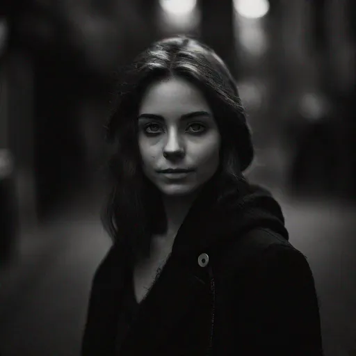 Prompt: A portrait of a young woman in black and white, taken with a Leica M10 and a 50mm f/1.4 lens. The mood of the image is mysterious and intriguing.