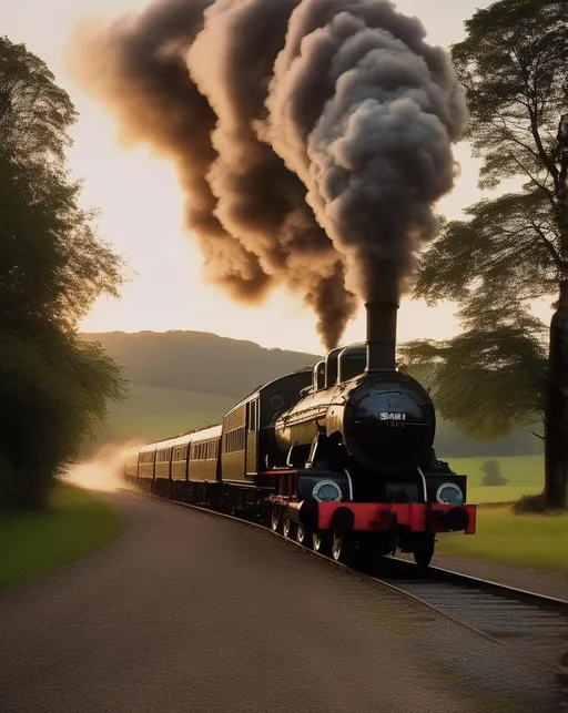 Prompt: At dusk, capture the nostalgia and excitement of a vintage steam Train as it chugs through the countryside. Use a retro film camera with a wide-angle lens to evoke the charm of yesteryears. Capture the sense of adventure and history in this timeless mode of travel.