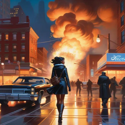 Prompt: Third person shooter, female protagonist, explosions, New York, cartoony, cold night atmosphere, extremely detailed painting by Greg Rutkowski and by Henry Justice Ford and by Steve Henderson