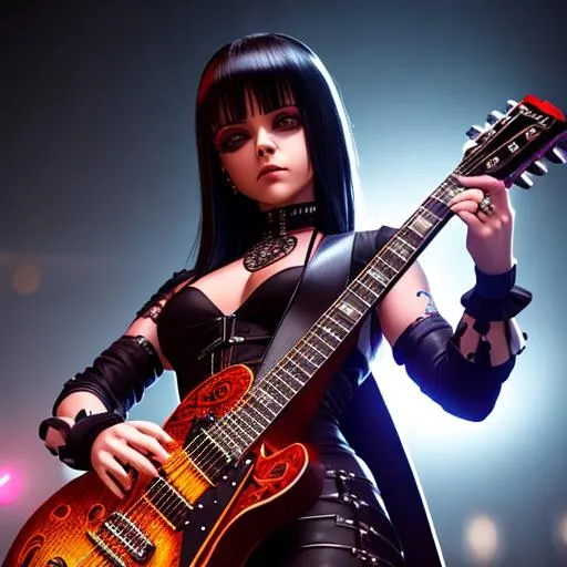 Prompt: a close up of a person with a guitar, trending on art station, cybergoth, calavera, looks like christina ricci, a super high detailed elegant diorama of The Matrix in the style of Neverland, glowing light, atmospheric, true photography