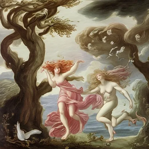 Prompt: goddess daphne turning into a tree and running away from apollo