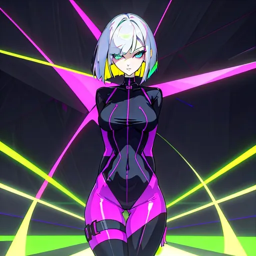 Prompt: a lonely AI girl, very tall, thick thighs, wide hips, huge glutes, long legs, slender arms, slender waist, big beautiful symmetrical eyes, intriguingly beautiful face, aloof expression, bob haircut with bangs, wearing Acid Neon-GothPop fashion clothes, high fashion, 12K resolution, hyper quality, hyper-detailed, 12K resolution, hyper-professional