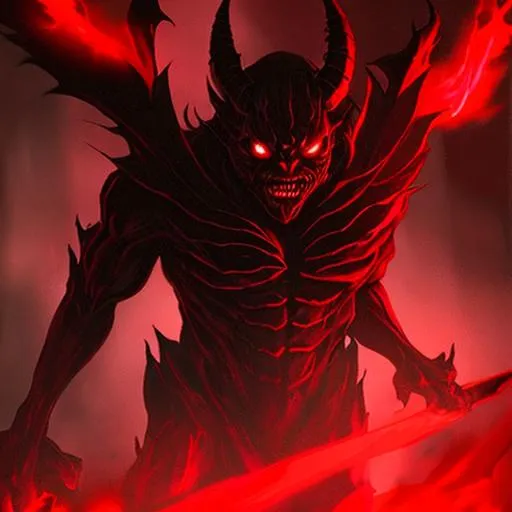 Prompt: Demon staring you down, in the shadows, glowing red eyes, menacing