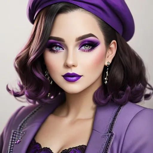 Prompt: A woman all in purple, pretty makeup, wearing a purple beret
