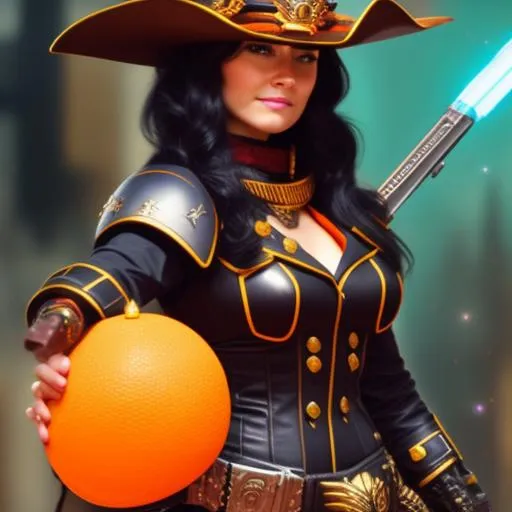 Prompt: Warhammer 40k, Cowboy hat, Female Gunslinger with twin revolvers in her hands, Rogue Trader, Long hair, Black Hair, Space, orange eyes, Bayonetta, Striking Scorpion Armour