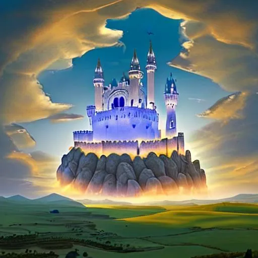 Prompt: Un reino con un castillo en el centro tocando la tierra, y 4 pueblos medievales en forma de anillos que flotan en el aire gracias a la magia uno sobre el otro y rodean al castillo. Vista aérea