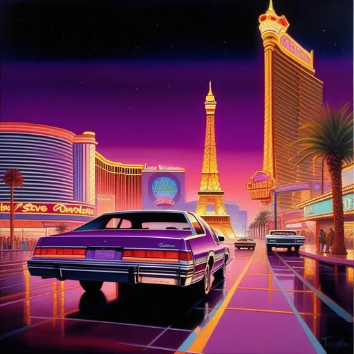 Prompt: 1980s, Las Vegas Strip at night, car chase, neon, dark purple atmosphere, cartoony style, extremely detailed painting by Greg Rutkowski and by Henry Justice Ford and by Steve Henderson