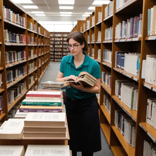 Prompt: A librarian sorting books in an university library
