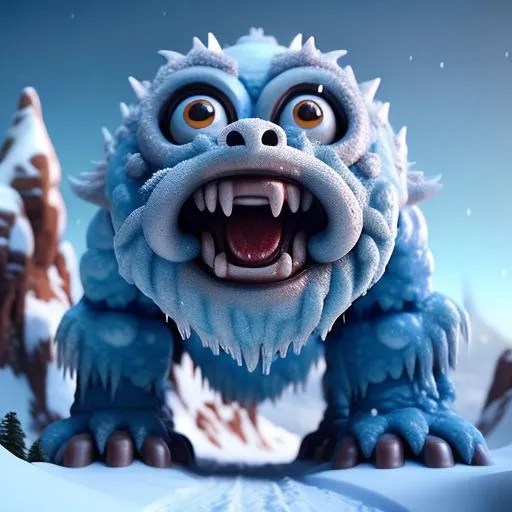 Prompt: an adorable abominable snow monster --no trending on artstation --no stylize --goofy, ray tracing light pillars, highly detailed, symmetrical, mountainous background, stop motion, 