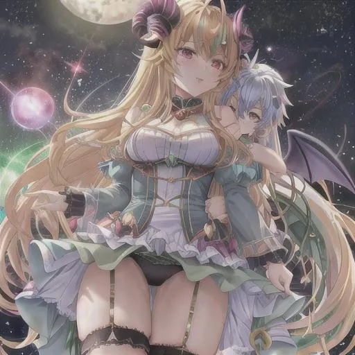 Prompt: synthetic anime male glow hot scary with horns devil artificial magical with planets in the solarsystem universe tall alien 
french kissing female goddess in a green fairy dress with wings