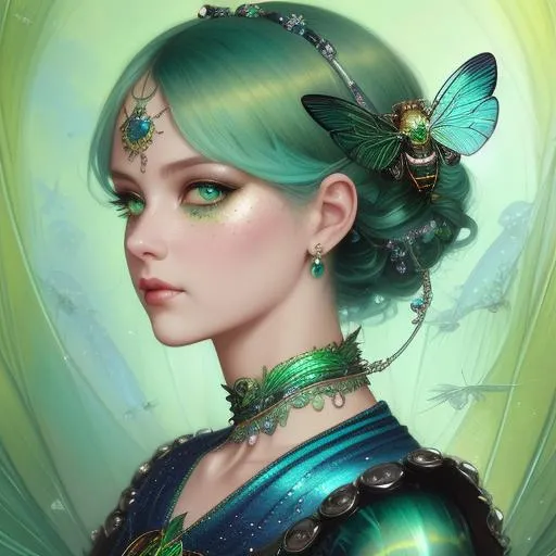 Prompt: A beautiful beetle woman, beautiful face, stunning snake green eyes, ombre gradient blue-green hair, delicate dress made of gradient iridescent beetle wings details by pino daeni, tom bagshaw, Cicely Barker, Daniel Merriam, intricate details by Andrew atroshenko, James Jean, Mark Ryden, charlie bowater, WLOP, Jim Burns, Megan duncanson, beautiful face, full body photo, very detailed, high definition, crisp quality, cinematic smooth, cinematic lighting, ultrarealistic, crispy focus 