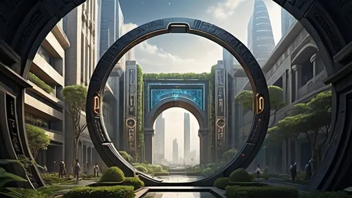 Prompt: magical portal between cities realms worlds kingdoms, circular portal, ring standing on edge, upright ring, freestanding ring, hieroglyphs on ring, complete ring, ancient babylonian architecture, gardens, hotels, office buildings, shopping malls, large wide-open city plaza, turned sideways view, futuristic cyberpunk tech-noir setting