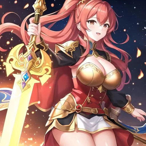 Prompt: Fire Emblemed style art, A Queen who is short and stout, who is swinging a large ornate sword in front of a castle, wearing gold metal armor, heroic High fantasy art, high detail, vibrant colors, UHD, HD, 4k