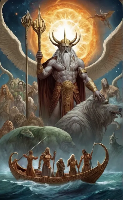 Prompt: Iluvatar the main God and the Ainur the sub Gods from the Simarilion book by Cristopher Tolkien. All gathered together making music,realistic, detailed celestial beings, grandiose, detailed celestial beings, comic realm.