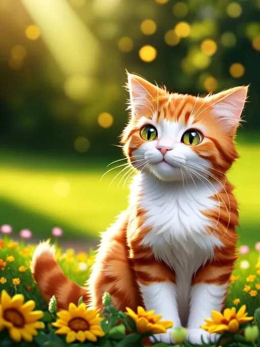 Prompt: Disney Pixar style cute ginger cat, highly detailed, fluffy, intricate, big eyes, adorable, beautiful, soft dramatic lighting, light shafts, radiant, ultra high quality octane render, daytime forest background, field of flowers, bokeh, hypermaximalist