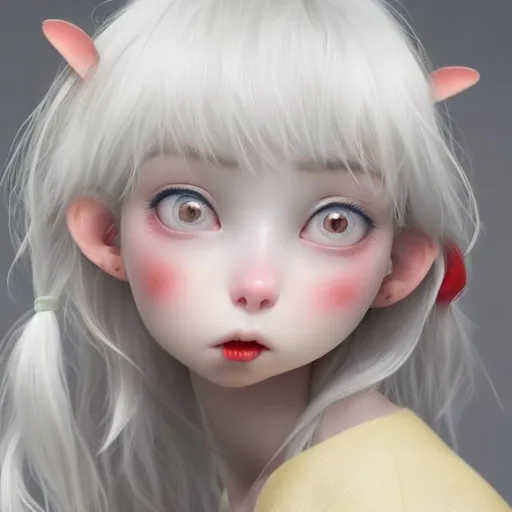Prompt: Human girl, yellow hair,, blue eye, white skin, thin nose, small mouse, red lips, red cheeks 