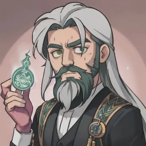 Prompt: God of alchemy, grey hair, green eyes, portrait, detailed, male, long hair, contrasting pink beard, 