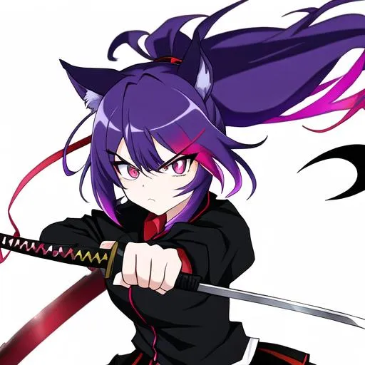 Prompt: Haley  as a demon (multi-color hair) (multi-color eyes)(she has horse ears) holding a katana, fighting, with an angry look on her face