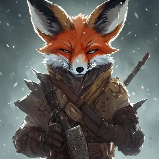 Prompt: A fox holding a oni mask near to hes  face, in war clothes