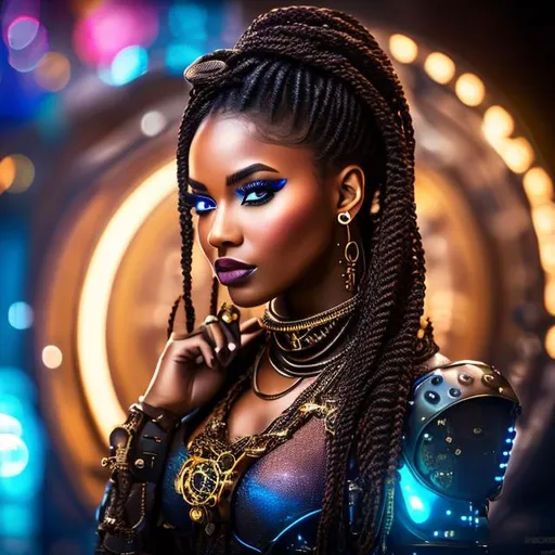 Prompt: Please produce a photograph of a steampunk beautiful black female, cocoa brown skin, working on robot, with braids, with fantasy colors, flashy lights, daylight background, high quality, trending art, trending on artstation, sharp focus, studio photo, intricate details, highly detailed, UHD, HDR, 8K, ((Masterpiece))