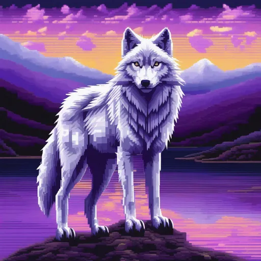 Prompt: (pixel art), 32-bit, beautiful {white wolf}, with {silver eyes}, looking at viewer, glaring through fourth wall, layers of purple mountain silhouettes, magical fantasy crystal lake, twilight, highly detailed, beautifully detailed shading, complementary colors, golden ratio